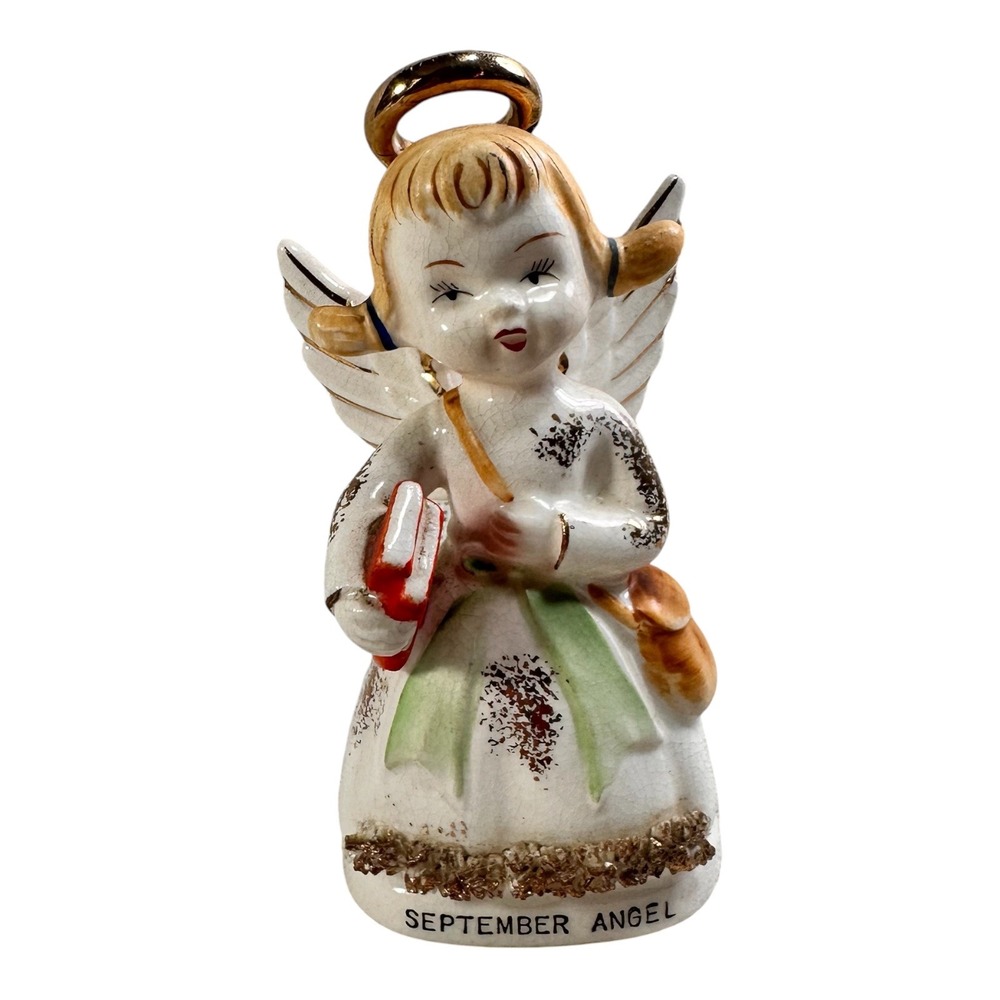September Angel Figurine Ceramic Gold Halo Birthday Mid Century Deco READ vtg